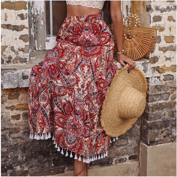 Paisley Print Tassel Hem Maxi Skirt - Picture 4 of 10